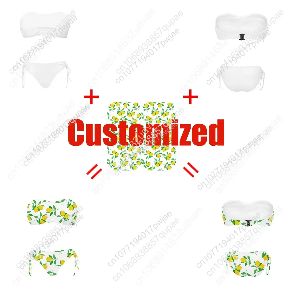 Green Plant Print Pattern Custom Swimsuit Womens Drawstring Two Piece Set Bathing Suits Swimwear Pool Beach Bikini Beachwear