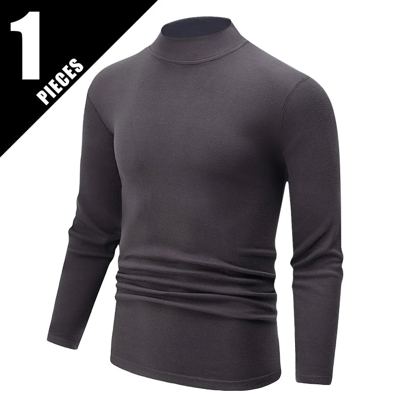 1/2piece Autumn And Winter Men's Semi High Neck Fashionable Base Long Sleeved Top Solid Color Casual Sports Fitness Warm T-shirt