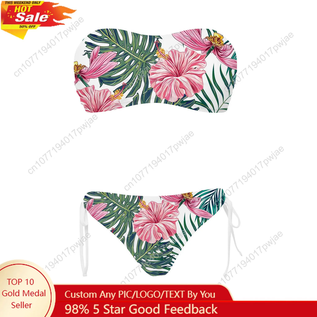 Green Plant Print Pattern Custom Swimsuit Womens Drawstring Two Piece Set Bathing Suits Swimwear Pool Beach Bikini Beachwear