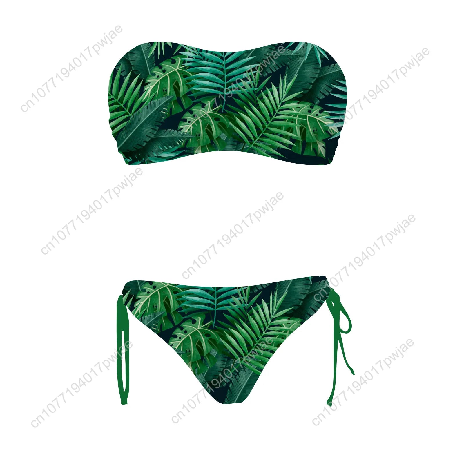 Green Plant Print Pattern Custom Swimsuit Womens Drawstring Two Piece Set Bathing Suits Swimwear Pool Beach Bikini Beachwear