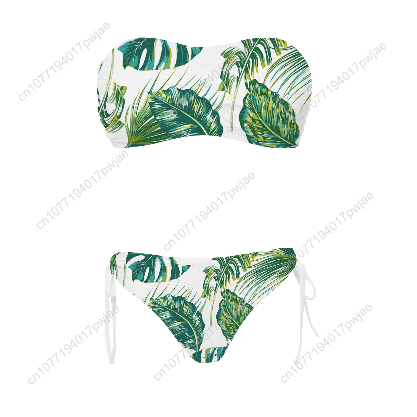 Green Plant Print Pattern Custom Swimsuit Womens Drawstring Two Piece Set Bathing Suits Swimwear Pool Beach Bikini Beachwear