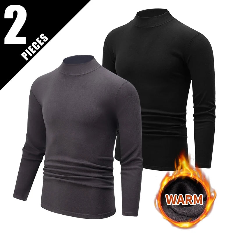 1/2piece Autumn And Winter Men's Semi High Neck Fashionable Base Long Sleeved Top Solid Color Casual Sports Fitness Warm T-shirt